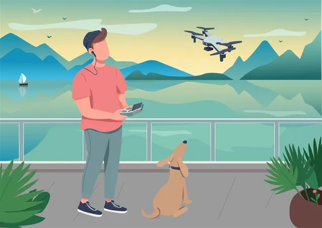 Drone Photography Flat Color Vector Illustration Remote Control For Robot With Propeller Technology To Film Video At Seascape Content Creator 2 D Cartoon Character With Interior On Background 일러스트레이션