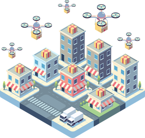 Drones Delivering Packages in Urban Environmen  Illustration