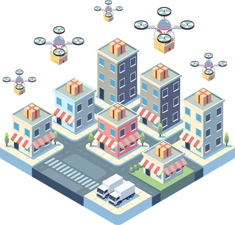 Drones Delivering Packages in Urban Environmen  Illustration