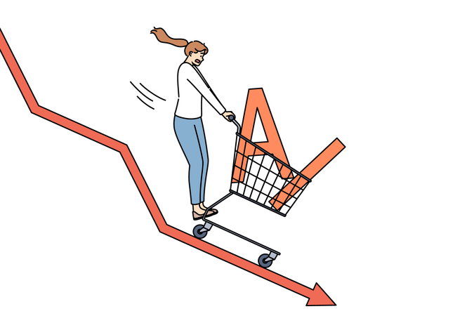 Drop in demand for AI caused by crisis demonstrated by woman going down chart  Illustration