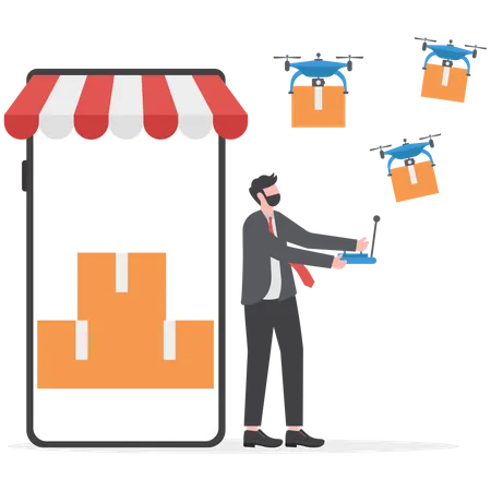Dropshipping Business Model By Drone Delivery Business Control Drones To Deliver Packages And Boxes Work With Warehouse Robot Arms Vector Illustration