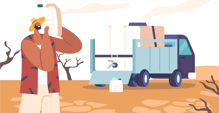 Drought Relief Volunteer Male Providing Vital Water Supplies To Affected Communities  Illustration