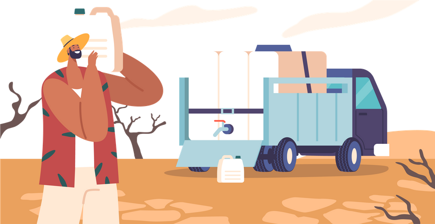 Drought Relief Volunteer Male Providing Vital Water Supplies To Affected Communities  Illustration