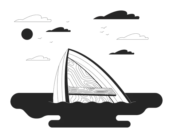 Drowning Boat On River Black And White Cartoon Flat Illustration Vessel Accident On Water 2 D Lineart Objects Isolated Danger Of Ship Sinking Awareness Monochrome Scene Vector Outline Image Illustration