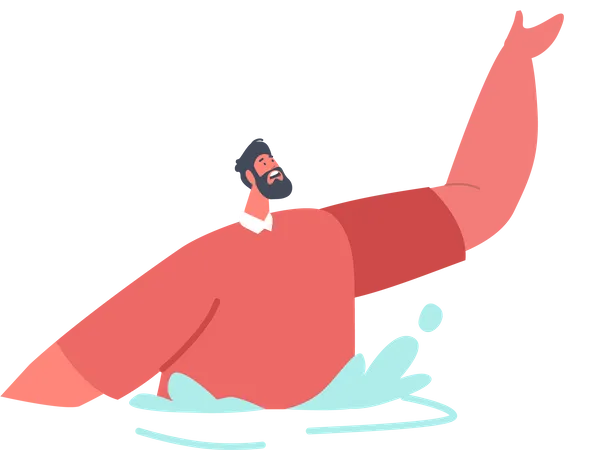 Helpless And Desperate Drowning Man Character Fights Against The Unforgiving Water Struggling To Keep His Head Above The Surface Desperately Gasping For Breath Cartoon People Vector Illustration 일러스트레이션