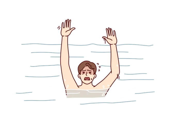 Drowning Man Screams Trying To Call For Help After Sudden Spasm That Happened While Swimming Drowning Guy Who Suddenly Finds Himself In Sea Or Ocean Needs Help Of Rescuers Or Life Buoy Illustration