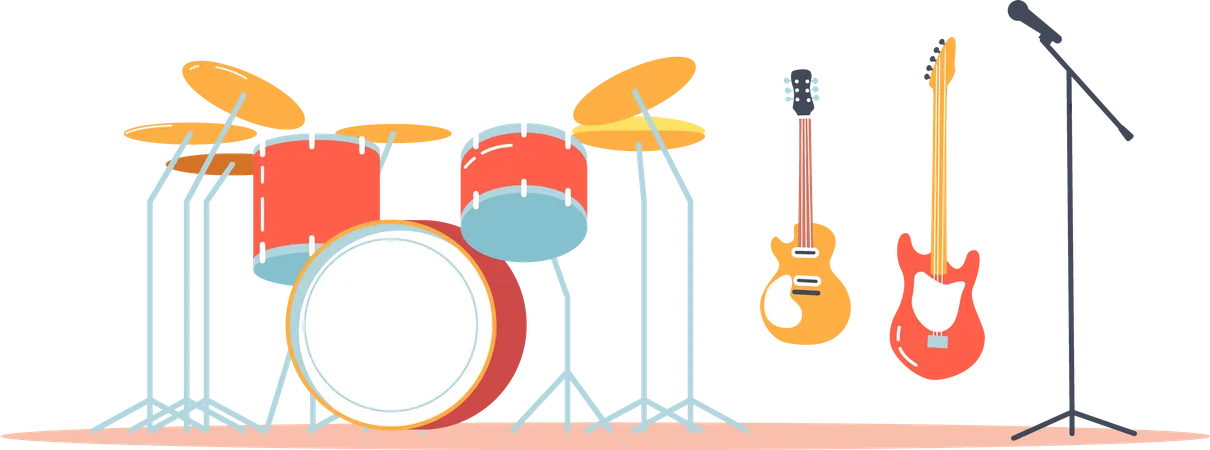 Musical Instruments Drum Kit Electric Guitars And Floor Microphone Professional Equipment For Rock Music Band And Stage Performance Modern Instruments Cartoon Vector Illustration Illustration