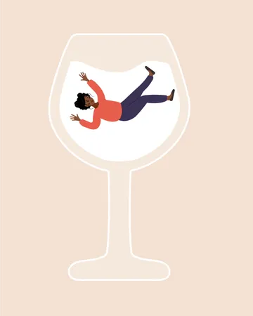 Female Alcoholism Drunk African Woman Swimming In Glass Of Boozy People Suffering From Hard Drinking Addiction Disorder Vector Illustration In Flat Cartoon Style Illustration