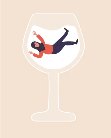Female Alcoholism Drunk Arabian Woman Swimming In Glass Of Boozy People Suffering From Hard Drinking Addiction Disorder Vector Illustration In Flat Cartoon Style Illustration
