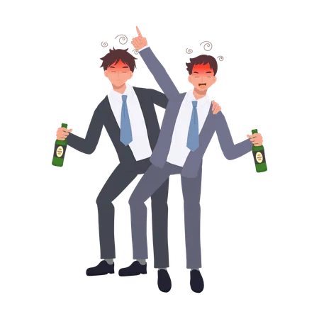 Two Drunk Businessman Holding Beer Bottle Alcoholism In Corporate Life Concept Illustration
