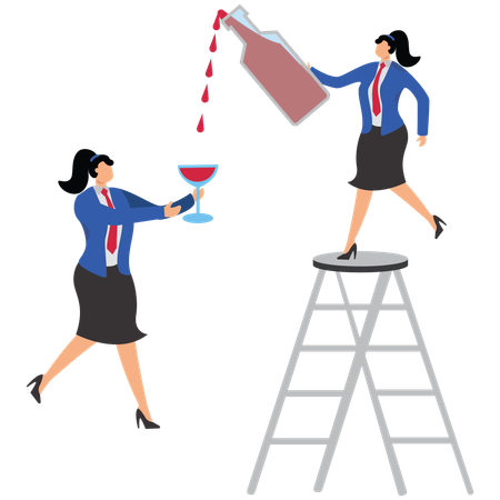 Drunk businesswoman giving drink to business colleagues  Illustration