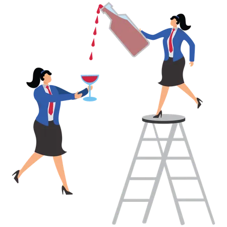 Drunk businesswoman giving drink to business colleagues  Illustration