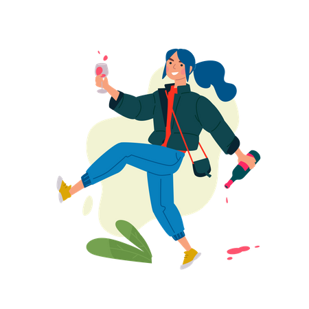 Drunk girl drinking wine Illustration