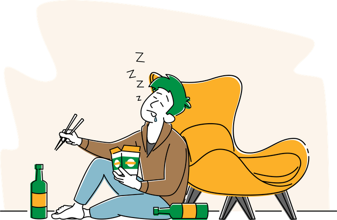 Drunk Male with Wok Box in Hand Sleeping on Floor with Alcohol Bottles  Illustration