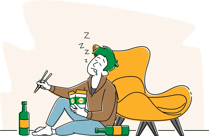 Drunk Male with Wok Box in Hand Sleeping on Floor with Alcohol Bottles  Illustration