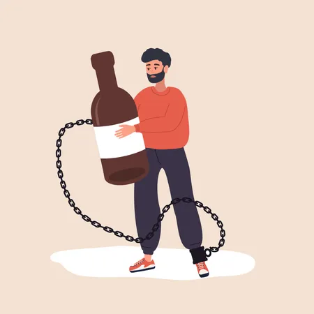 Drunk man Chained to a bottle of Booze  Illustration