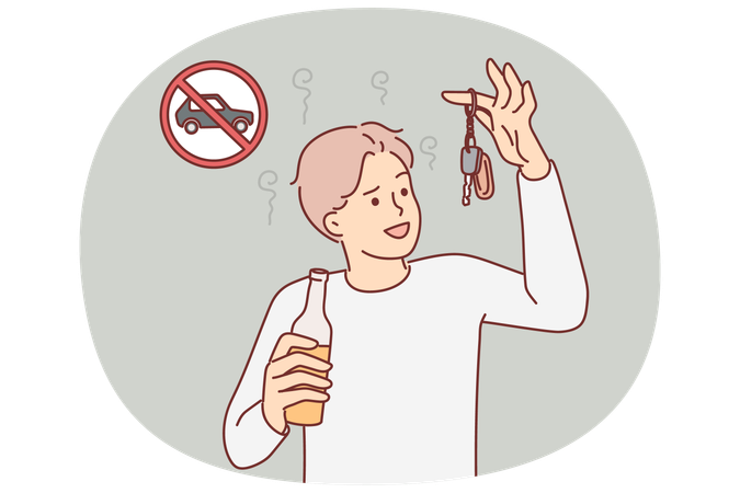 車のキーとアルコール飲料のボトルを持った酔っ払いの運転手が犯罪を犯して運転しようとしている  イラスト