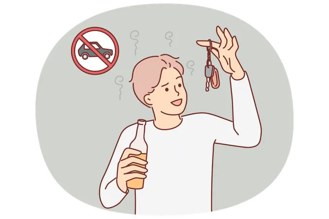 車のキーとアルコール飲料のボトルを持った酔っ払いの運転手が犯罪を犯して運転しようとしている  イラスト