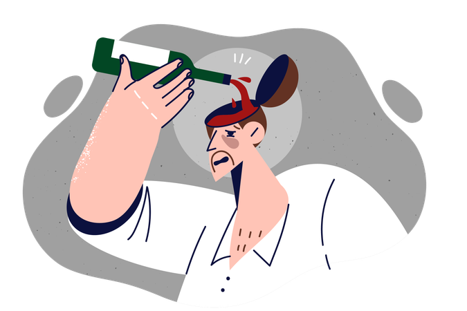 Drunk man pours wine into head  Illustration