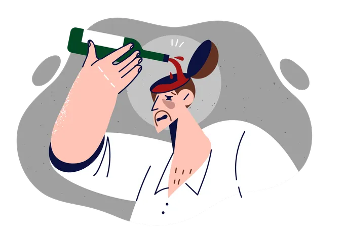 Drunk Man Pours Wine Into Head Demonstrating Antisocial Lifestyle And Dependence On Alcohol Drunk Guy With Bottle Of Bordeaux Suffering From Hangover After Friday Alcoholic Party イラスト