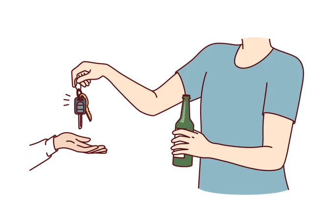 Drunk Man Refuses To Get Behind Wheel Of Car Giving Keys Vehicle To Sober Driver Drunk Guy Who Drank Beer Demonstrates Conscientious Behavior Refusing Drive After Drinking Alcohol イラスト