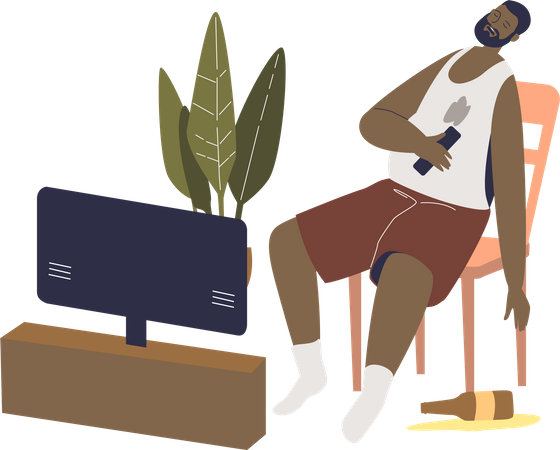 Drunk man sleeping in front of tv  Illustration