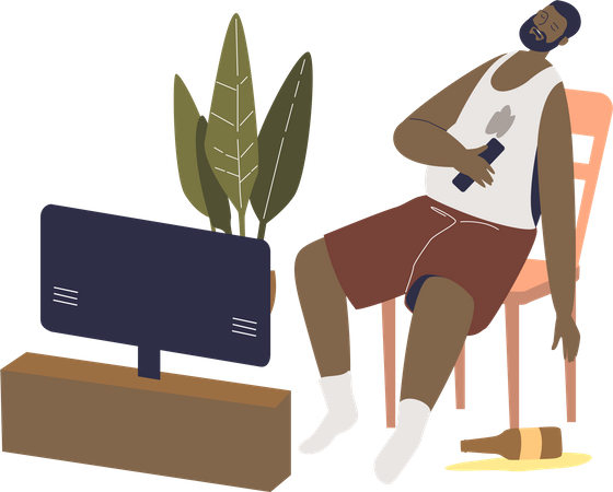Drunk man sleeping in front of tv  Illustration
