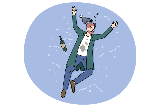 酒に酔って路上で酒瓶を持って寝ている男性  イラスト