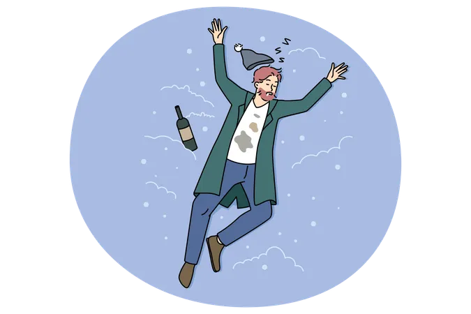 酒に酔って路上で酒瓶を持って寝ている男性  イラスト