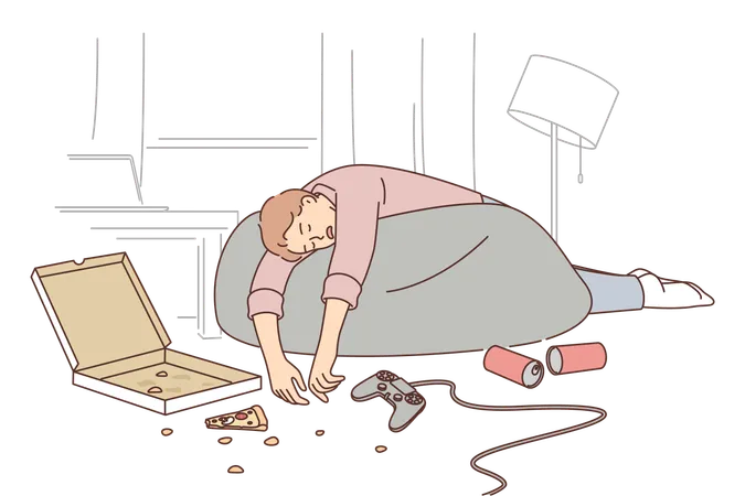 Drunk man sleeps in dirty apartment near joystick with scattered pizza and beer cans  Illustration