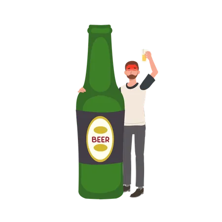 Drunk Man With Glass Of Beer And Big Beer Bottle Drunkard Concept Illustration