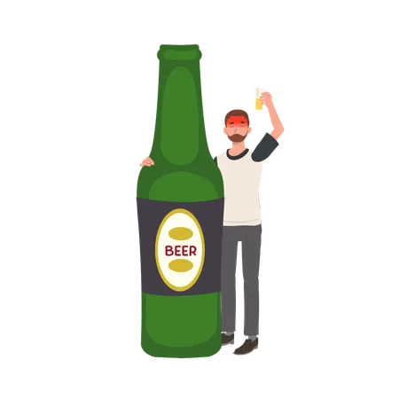 Drunk Man with glass of beer and big beer bottle Drunkard  Illustration