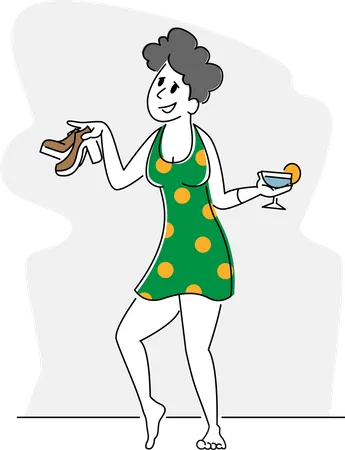 Drunk Woman Holding Glass and Shoes in Hands  Illustration