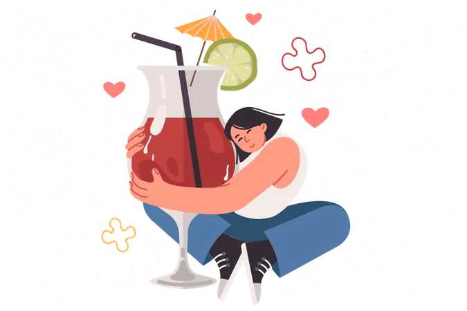 Drunk Woman Hugs Large Glass With Alcoholic Cocktail Feeling Dependent On Drinks Containing Alcohol Happy Girl Embraces Cauldron Rejoicing In Coming Of Friday And Opportunity To Drink Illustration