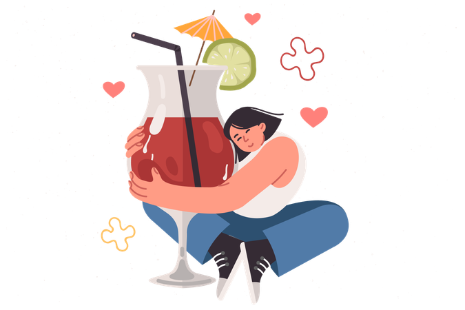 Drunk woman hugs large glass with alcoholic cocktail  Illustration