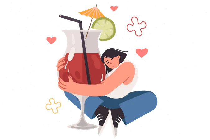 Drunk woman hugs large glass with alcoholic cocktail  Illustration