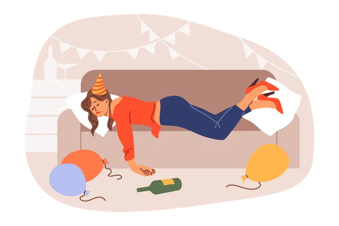Drunk woman spins on sofa after birthday party among scattered balloons and bottles  Illustration