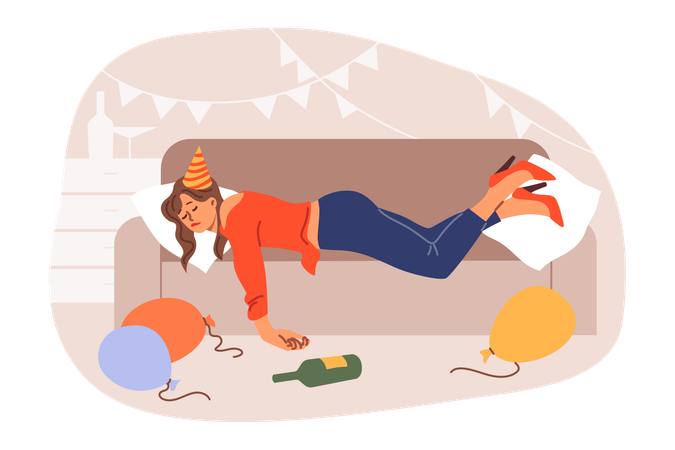 Drunk woman spins on sofa after birthday party among scattered balloons and bottles  Illustration