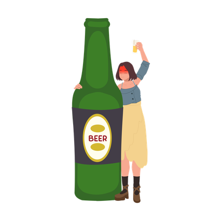 Drunk woman with glass of beer and big beer bottle  Illustration