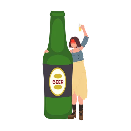 Drunk Woman With Glass Of Beer And Big Beer Bottle Drunkard Concept Illustration