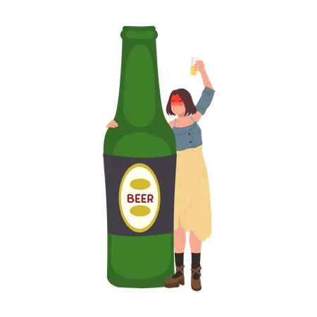 Drunk woman with glass of beer and big beer bottle  Illustration