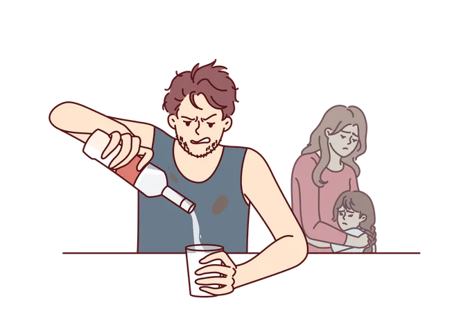Drinking Father Sitting At Table Pours Vodka Into Glass Ignoring Upset Wife And Little Daughter Alcoholic Man With Unshaven Face Drinks Vodka Causing Inconvenience To Cohabitant And Child Illustration