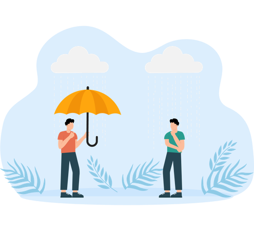 Dry boy standing with umbrella in rain and smiling while getting wet child in rainy weather  Illustration