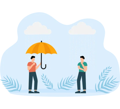 Dry boy standing with umbrella in rain and smiling while getting wet child in rainy weather  Illustration
