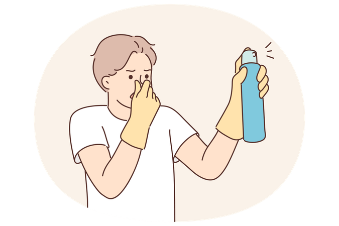 Dsatisfied man with spray to remove unpleasant odors covers nose with hand spraying freshener  Illustration