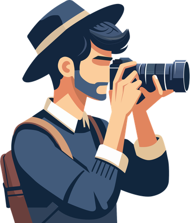 챙이 넓은 모자와 배낭을 착용하고 DSLR 카메라로 사진을 찍는 남자  일러스트레이션