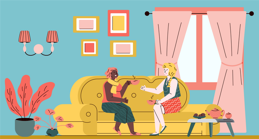 Duas amigas felizes bebendo chá no sofá no aconchegante interior da sala de estar  Ilustração