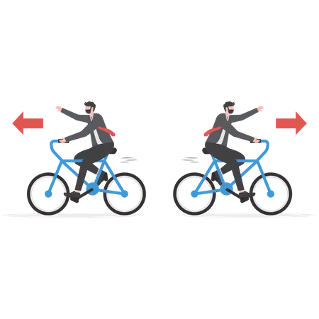 Duas Bicicletas Estao Se Movendo Na Direcao Oposta Empresario Ambicioso Em Desacordo Incapaz De Trabalhar Juntos Em Movimento Ilustração