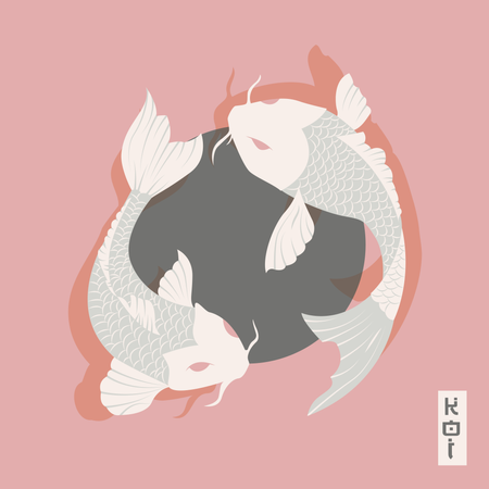 Dois peixes carpas koi nadando ao redor do Sol, estilo tradicional japonês  Ilustração