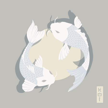 Dois peixes carpas koi nadando ao redor do Sol, estilo tradicional japonês  Ilustração